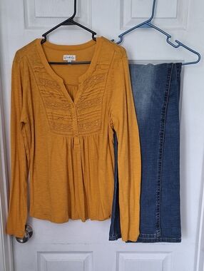 Wonderly Mustard Boho Top Womens Size L Long Sleeve Peplum Blouse
